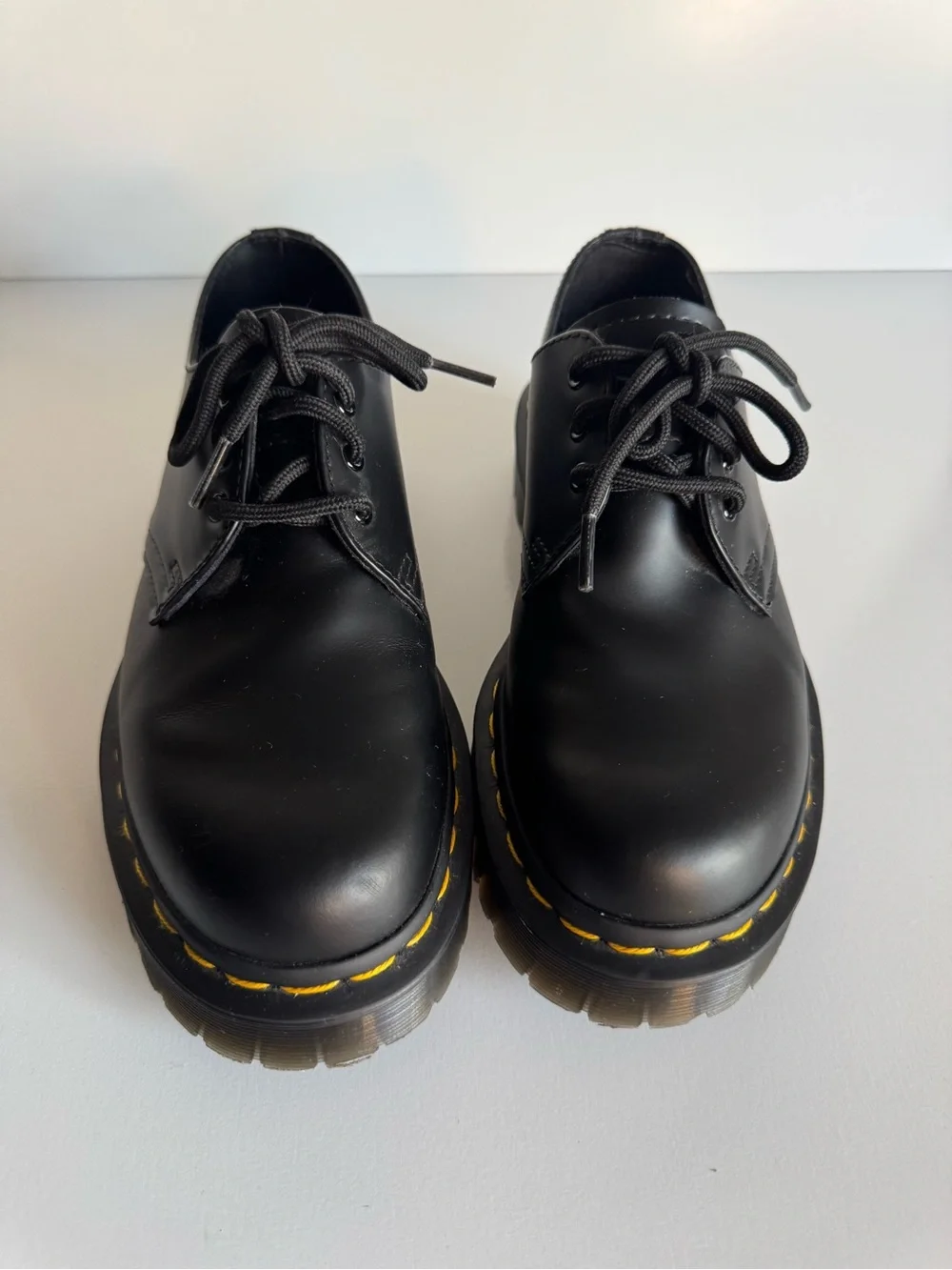Black Lace-Up Derby Shoes with Yellow Stitch Detail